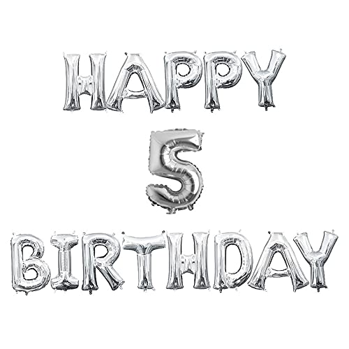 16 Inch 5th Happy Birthday Alphabets & 16 Inch 5 Number Silver Foil Balloon