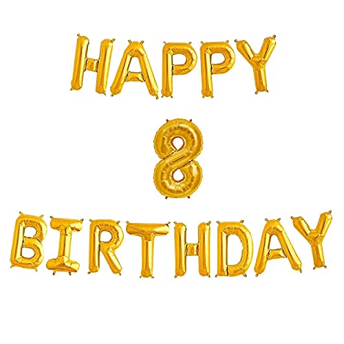 16 Inch 8th Happy Birthday Alphabets & 16 Inch 8 Number Gold Foil Balloon