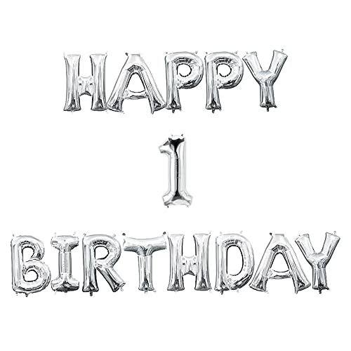 16 Inch 1st Happy Birthday Alphabets & 16 Inch 1 Number Silver Foil Balloon