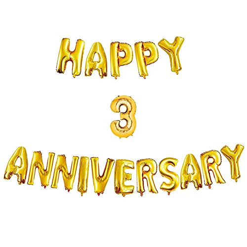 16 Inch 3rd Happy Anniversary Alphabets & 16 Inch 3 Number Gold Foil Balloon