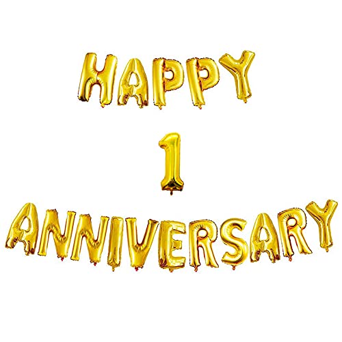 16 Inch 1st Happy Anniversary Alphabets & 16 Inch 1 Number Gold Foil Balloon