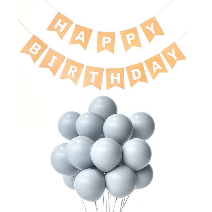 Peach Happy Birthday Banner And Pastel Grey Metallic Balloons