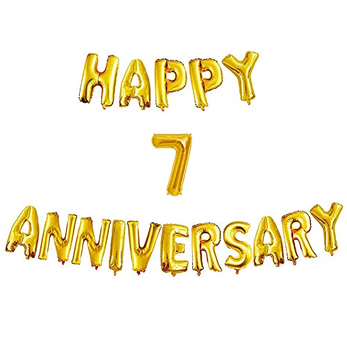 16 Inch 7th Happy Anniversary Alphabets & 16 Inch 7 Number Gold Foil Balloon