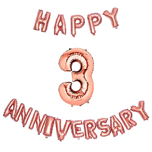 16 Inch 3rd Happy Anniversary Alphabets & 32 Inch 3 Number Rosegold Foil Balloon