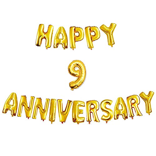 16 Inch 9th Happy Anniversary Alphabets & 16 Inch 9 Number Gold Foil Balloon