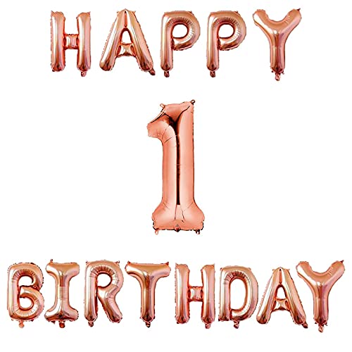 16 Inch 1st Happy Birthday Alphabets & 32 Inch 1 Number Rosegold Foil Balloon