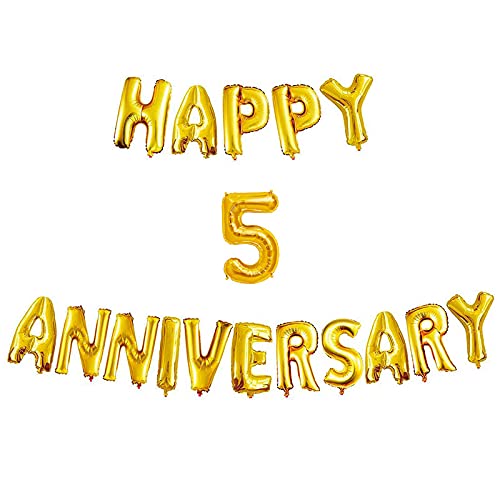 16 Inch 5th Happy Anniversary Alphabets & 16 Inch 5 Number Gold Foil Balloon