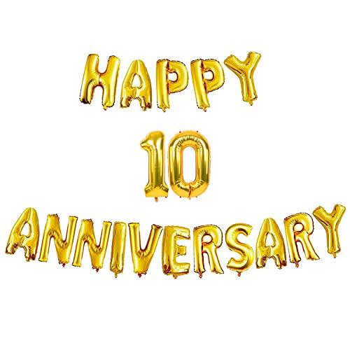 16 Inch 10th Happy Anniversary Alphabets & 16 Inch 10 Number Gold Foil Balloon