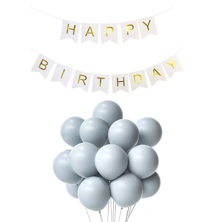 White Happy Birthday Banner And Pastel Grey Metallic Balloons