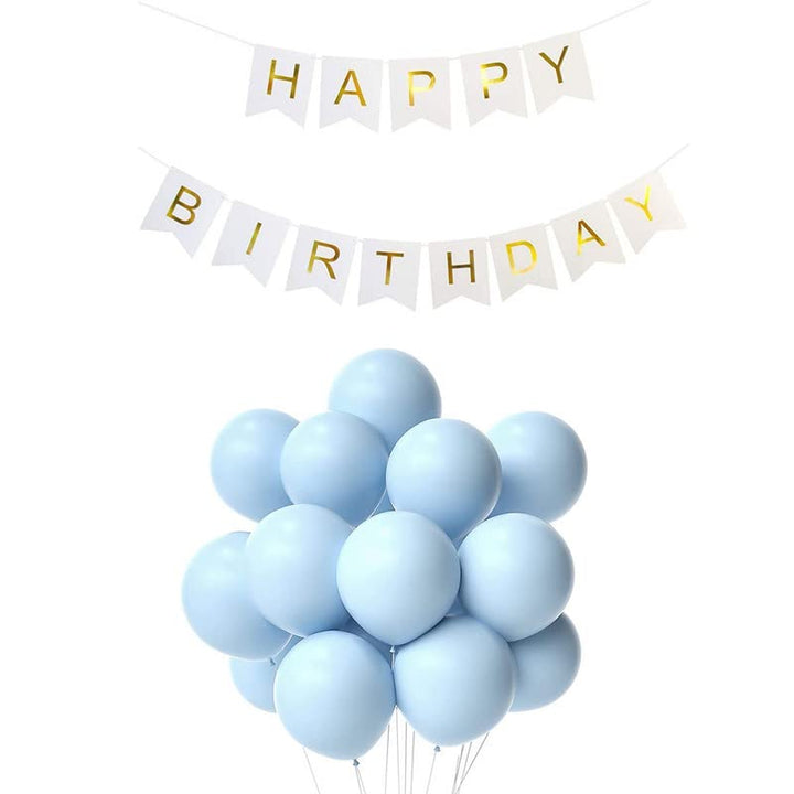 White Happy Birthday Banner And Pastel Blue Metallic Balloons