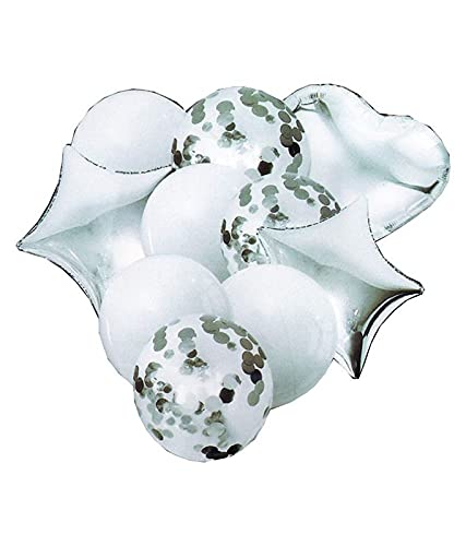 White Confetti Balloons 10 Pcs Set. (4 Pc Metallic Balloons And 3 Pc Confetti Balloons ,1 Heart Foil Balloon And 2 Pc Star Balloon)