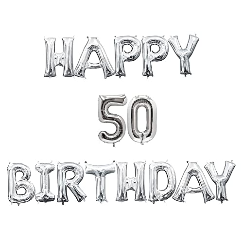 16 Inch 50th Happy Birthday Alphabets & 16 Inch 50 Number Silver Foil Balloon