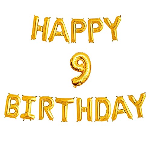 16 Inch 9th Happy Birthday Alphabets & 16 Inch 9 Number Gold Foil Balloon