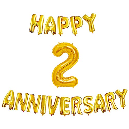 16 Inch 2nd Happy Anniversary Alphabets & 32 Inch 2 Number Gold Foil Balloon