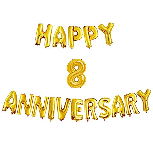 16 Inch 8th Happy Anniversary Alphabets & 16 Inch 8 Number Gold Foil Balloon