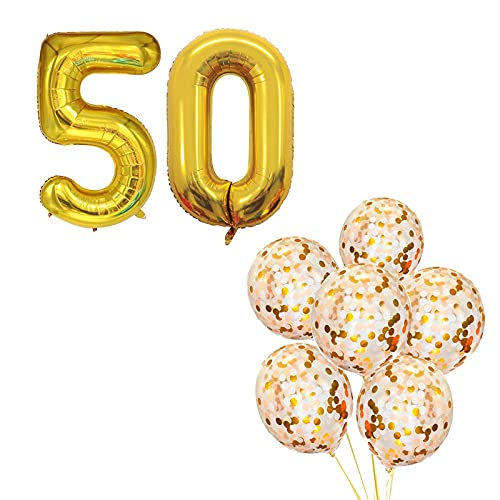 16 Inch Number 50  Gold Foil Balloon With 5 Pcs Confetti Balloons