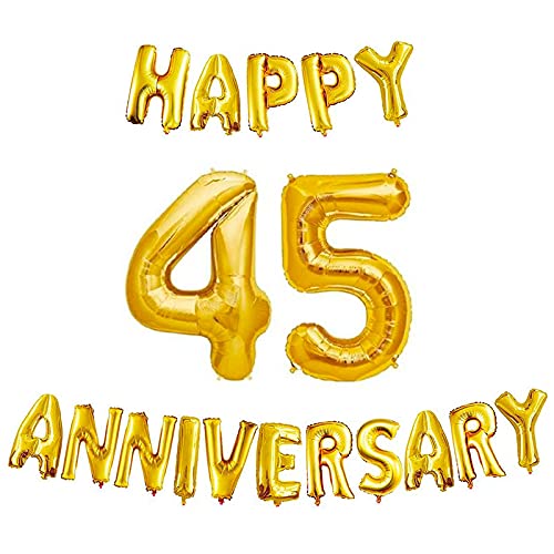 16 Inch 45th Happy Anniversary Alphabets & 32 Inch 45 Number Gold Foil Balloon