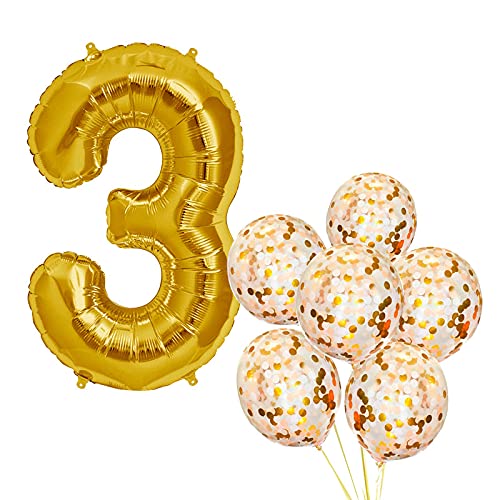 32 Inch Number 3  Gold Foil Balloon With 5 Pcs Confetti Balloons