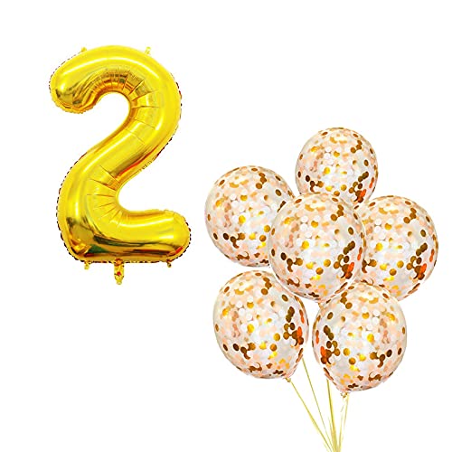 16 Inch Number 2  Gold Foil Balloon With 5 Pcs Confetti Balloons