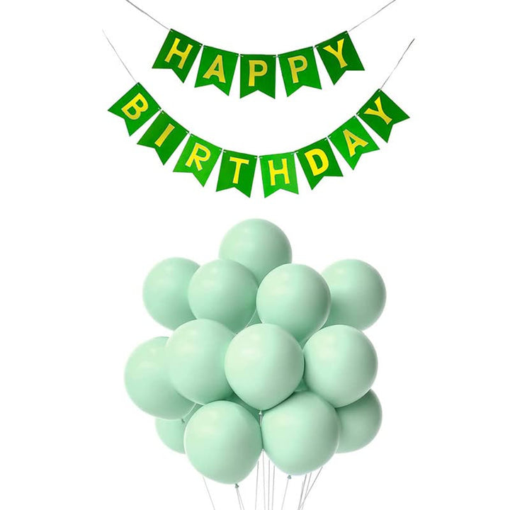 Dark Green Happy Birthday Banner And Pastel Green Metallic Balloons