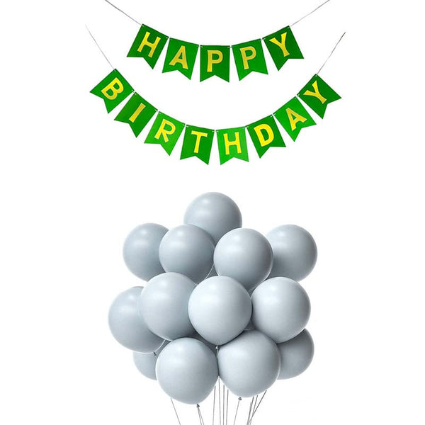 Dark Green Happy Birthday Banner And Pastel Grey Metallic Balloons