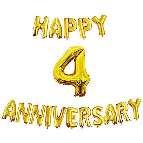 16 Inch 4th Happy Anniversary Alphabets & 32 Inch 4 Number Gold Foil Balloon