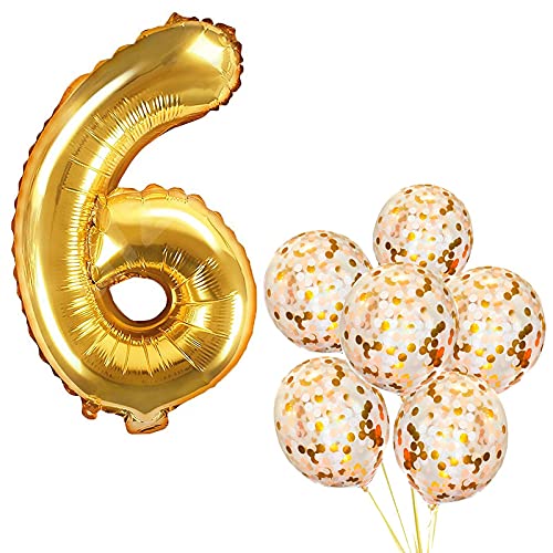 32 Inch Number 6  Gold Foil Balloon With 10 Pcs Confetti Balloons