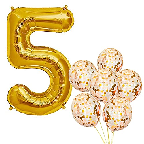 32 Inch Number 5  Gold Foil Balloon With 5 Pcs Confetti Balloons