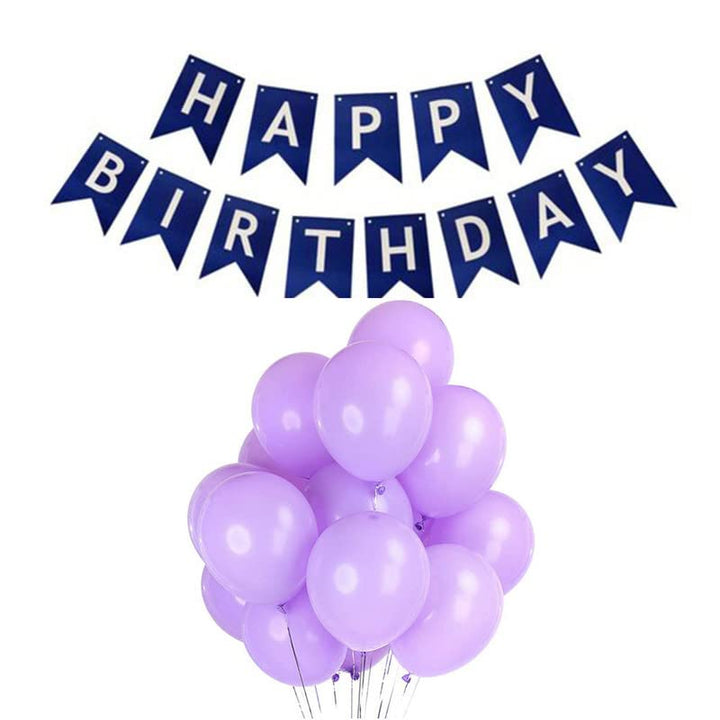Dark Blue Happy Birthday Banner And Pastel Purple Metallic Balloons