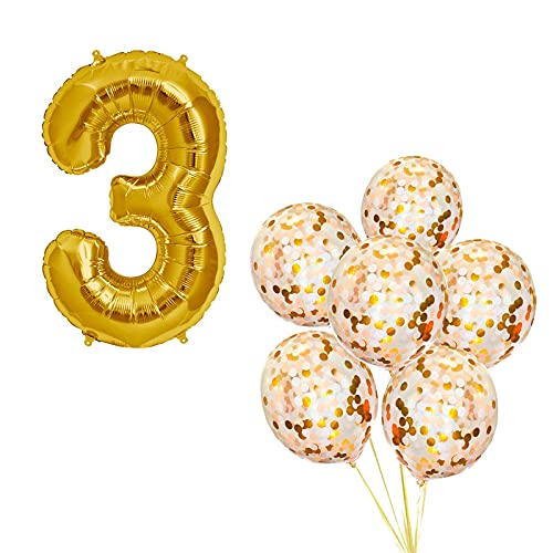 16 Inch Number 3  Gold Foil Balloon With 5 Pcs Confetti Balloons