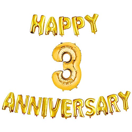 16 Inch 3rd Happy Anniversary Alphabets & 32 Inch 3 Number Gold Foil Balloon