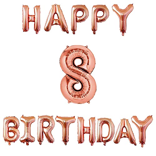 16 Inch 8th Happy Birthday Alphabets & 32 Inch 8 Number Rosegold Foil Balloon