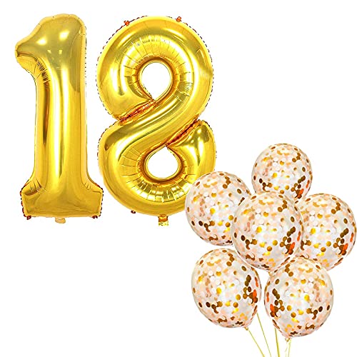 32 Inch Number 18  Gold Foil Balloon With 5 Pcs Confetti Balloons