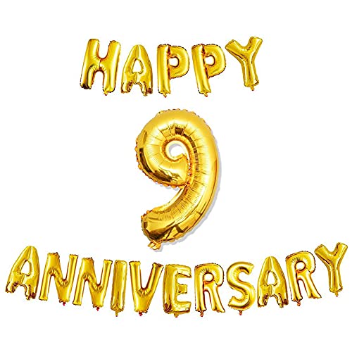 16 Inch 9th Happy Anniversary Alphabets & 32 Inch 9 Number Gold Foil Balloon