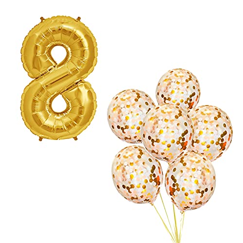 16 Inch Number 8  Gold Foil Balloon With 5 Pcs Confetti Balloons