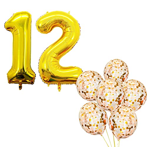 32 Inch Number 12  Gold Foil Balloon With 5 Pcs Confetti Balloons