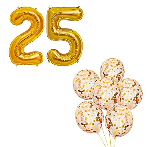 16 Inch Number 25  Gold Foil Balloon With 5 Pcs Confetti Balloons