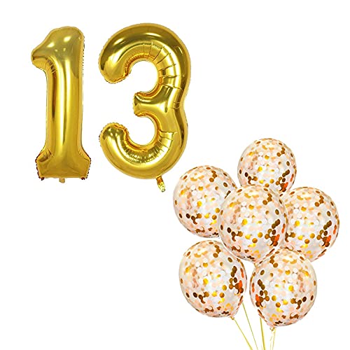 16 Inch Number 13  Gold Foil Balloon With 5 Pcs Confetti Balloons