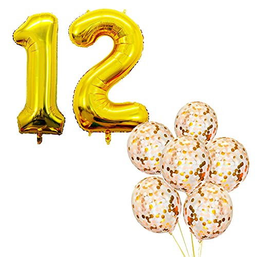 16 Inch Number 12  Gold Foil Balloon With 5 Pcs Confetti Balloons