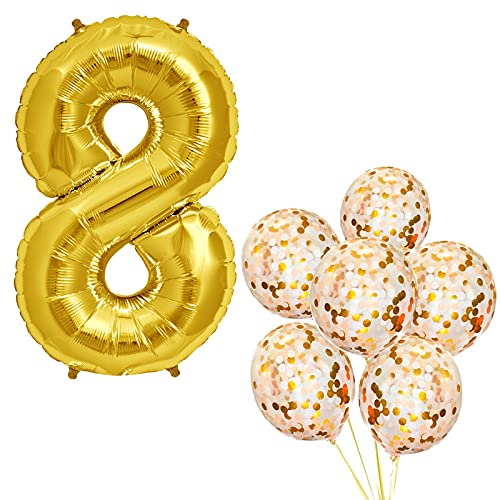 32 Inch Number 8  Gold Foil Balloon With 5 Pcs Confetti Balloons