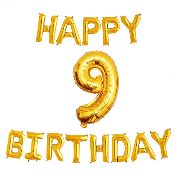 16 Inch 9th Happy Birthday Alphabets & 32 Inch 9 Number Gold Foil Balloon