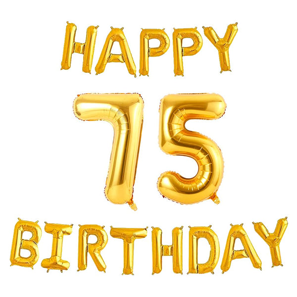 16 Inch 75th Happy Birthday Alphabets & 32 Inch 75 Number Gold Foil Balloon