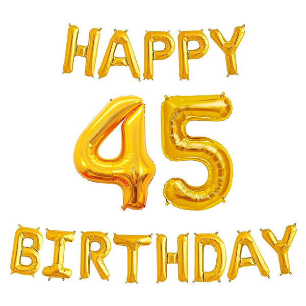 16 Inch 45th Happy Birthday Alphabets & 32 Inch 45 Number Gold Foil Balloon