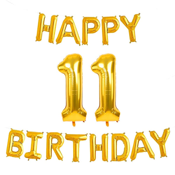 16 Inch 11th Happy Birthday Alphabets & 32 Inch 11 Number Gold Foil Balloon