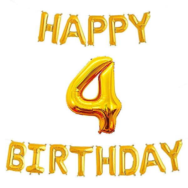 16 Inch 4th Happy Birthday Alphabets & 32 Inch 4 Number Gold Foil Balloon