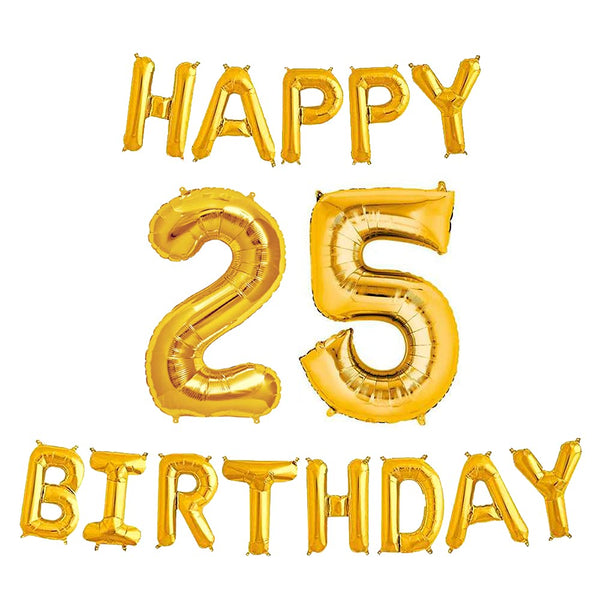 16 Inch 25th Happy Birthday Alphabets & 32 Inch 25 Number Gold Foil Balloon