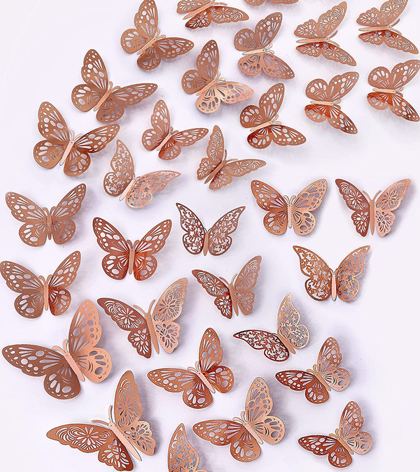 3D Double Layer Hollow Butterfly Stickers (Rosegold)  (Pack of 06, Mixed Size)